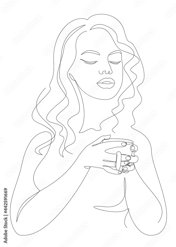 Silhouettes of a lady, she is holding a cup of coffee, tea in a modern one-line style. Solid line, aesthetic outline for home decor, posters, stickers, logo. Vector illustration.