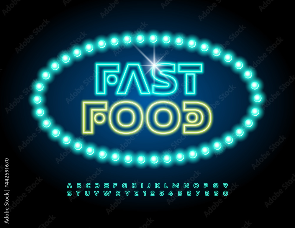 Vector neon banner Fast Food. Blue Electric Font. Abstract illuminated Alphabet Letters and Numbers set Vector neon banner Fast Food. Blue Electric Font. Abstract illuminated Alphabet Letters and Numbers set