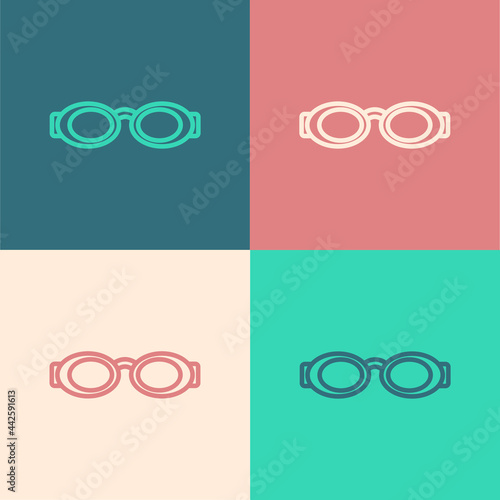 Pop art line Glasses for swimming icon isolated on color background. Swimming goggles. Diving underwater equipment. Vector