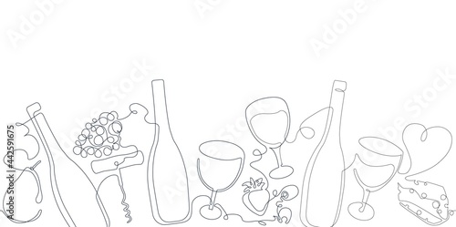 Horizontal Seamless  Pattern with Wine. Border with Continuous line Drawing  Bottles, Glasses,Olives, Fruits and Cheese . Vector Background. 