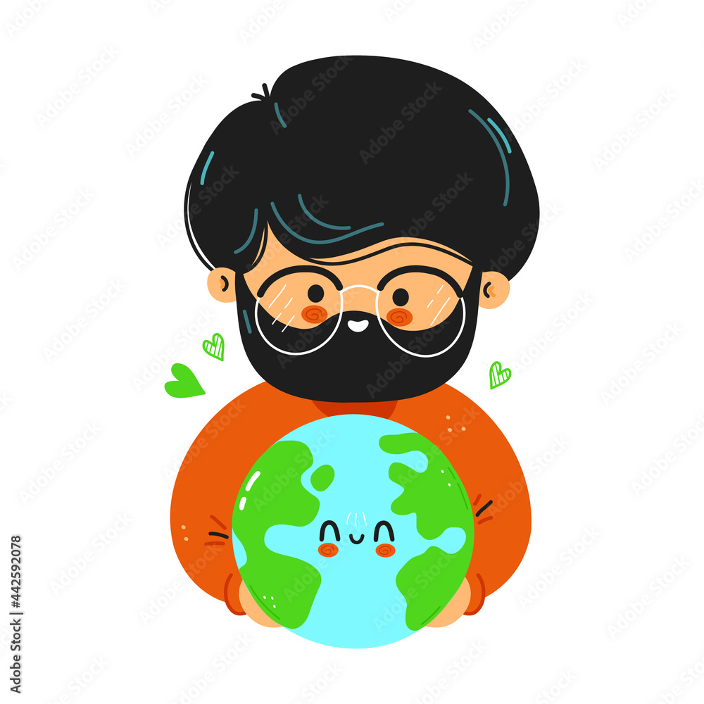 Young cute funny man hold planet Earth in hand. Young man hugs cute planet Earth. Isolated on white background