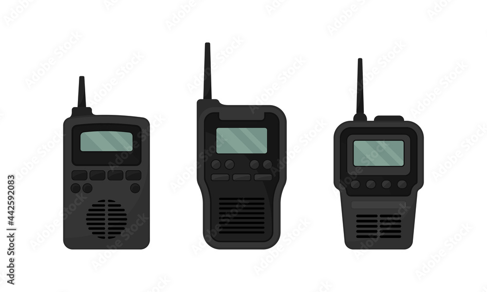 Black Portable Radio Device or Walkie Talkie with Antenna Vector Set Stock  Vector | Adobe Stock