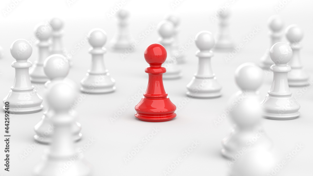 Leadership concept, red pawn of chess, standing out from the crowd of white pawns, on white background. 3D Rendering Leadership concept, red pawn of chess, standing out from the crowd of white pawns, on white background. 3D Rendering