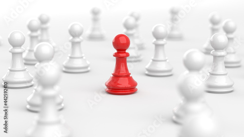 Leadership concept  red pawn of chess  standing out from the crowd of white pawns  on white background. 3D Rendering