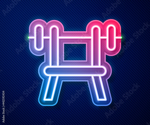Glowing neon line Bench with barbell icon isolated on blue background. Gym equipment. Bodybuilding, powerlifting, fitness concept. Vector