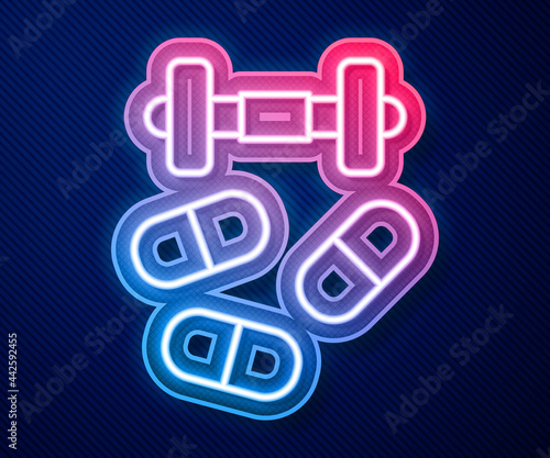 Glowing neon line Sports doping, anabolic drugs with dumbbell icon isolated on blue background. Anabolic steroids tablet. Pills in jar. Vector