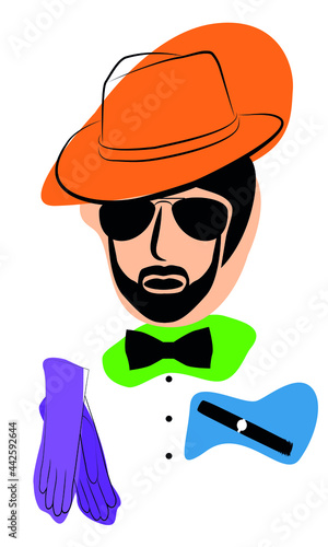 Obraz na plátně Bearded gangster or gentleman in hat and glasses with bow tie, cigar and gloves,