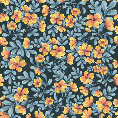 watercolor illustration seamless pattern small yellow flowers and blue leaves on a dark background,for wallpaper,fabric or furniture