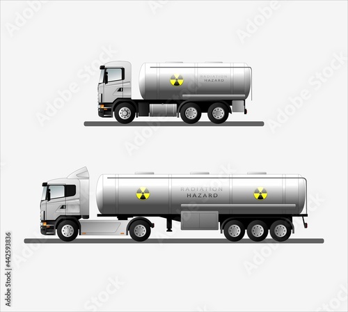 A set of vector images of modern European cars with a tank for the transportation of liquid radioactive waste.
