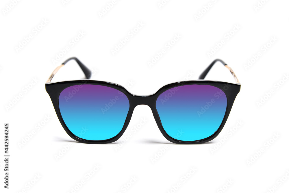 Fashionable sunglasses with bright blue lenses on white background Fashionable sunglasses with bright blue lenses on white background