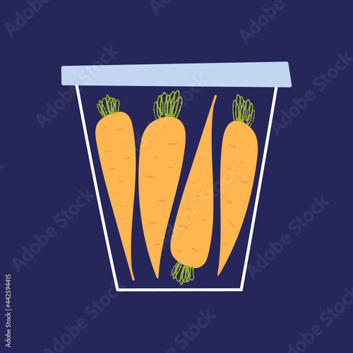 Pickled carrots in the glass jar. Flat hand drawn pickled vegetable. Cute container for canning with homemade marinated carrot.
