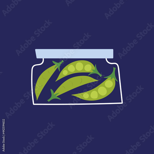 Pickled green peas in the glass jar. Flat hand drawn pickled vegetable. Cute container for canning with homemade marinated green pea.