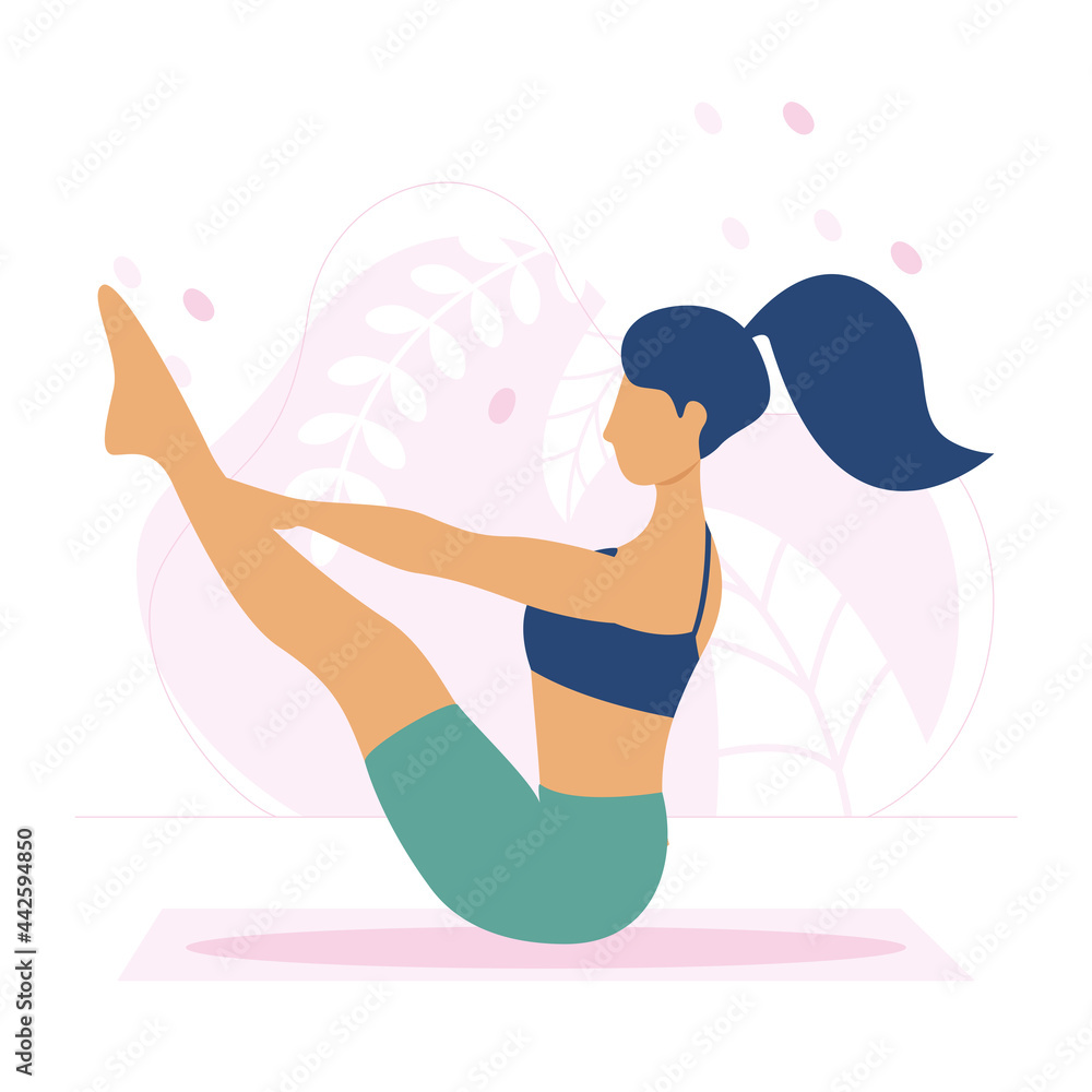 A girl with blue hair tied in a ponytail shakes her abs on a yoga mat in meek shorts and a top.