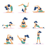 Vector set of sports women doing yoga and pilates on the mat and doing breathing practices.