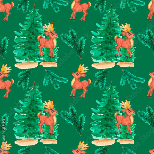 Watercolor hand painted Christmas background.Fawns. Seamless pattern with deer   and fir-trees on background.New year seamless pattern. 