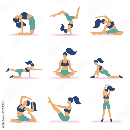 Vector set of sports women doing yoga and pilates on the mat and doing breathing practices. photo