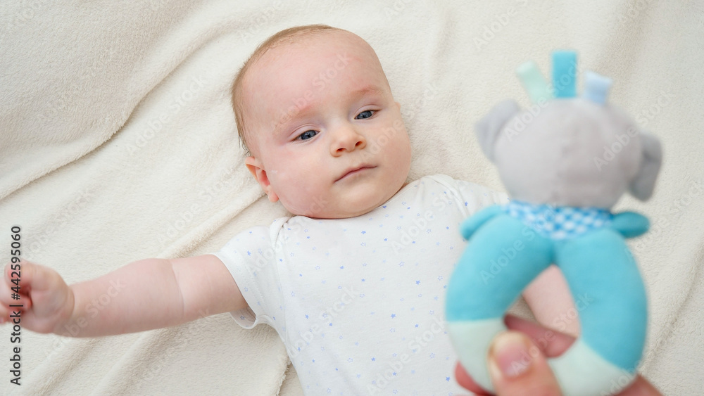 Cute little boy lying in crib and looking on parent shaking rattle toy. Concept of baby education and development Cute little boy lying in crib and looking on parent shaking rattle toy. Concept of baby education and development