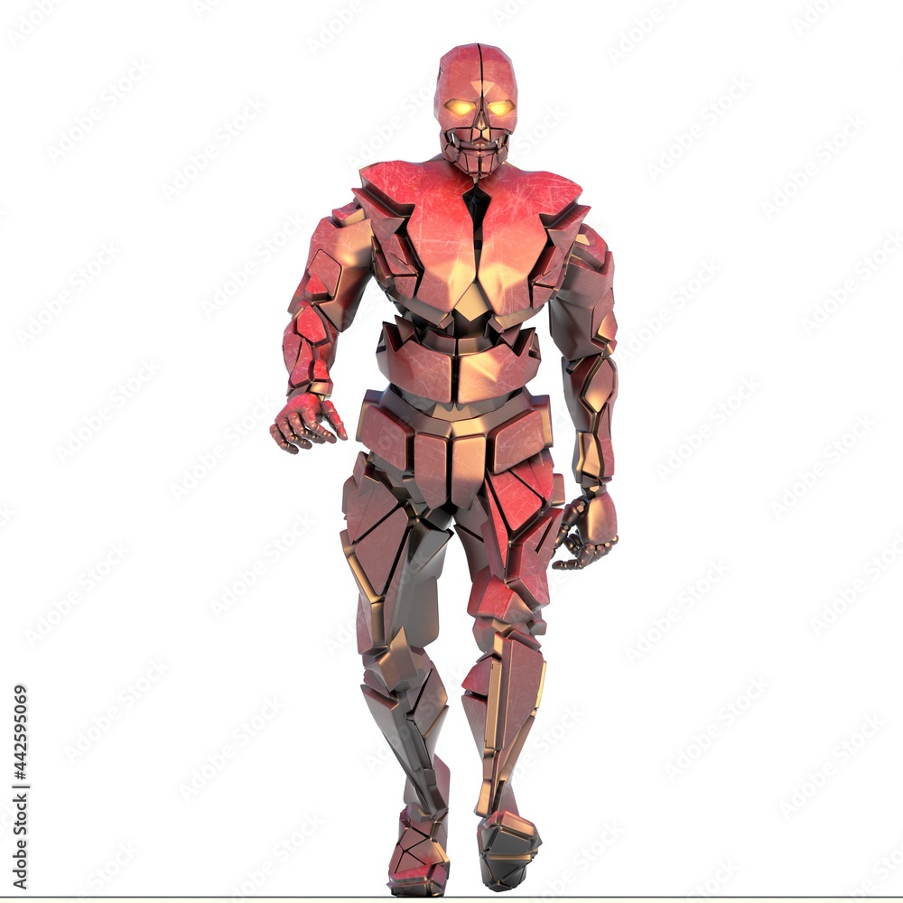 roter humanoider Roboter in frontaler Gehpose roter humanoider Roboter in frontaler Gehpose