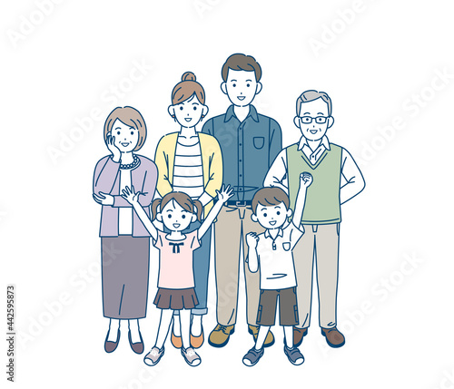 三世代家族　親子　家族の集まり　笑顔　元気　全身　イラスト素材