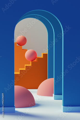 Blue arches, spheres and staircases. 3D Illustration