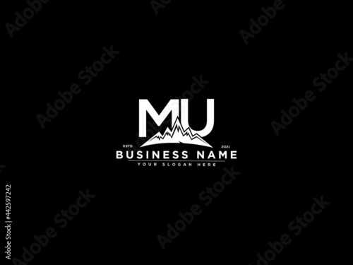 Letter MU Logo, mountain mu logo icon vector for river forest hill landscape silhouette image design