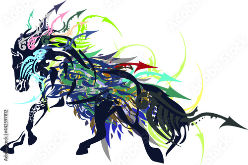 Running black horse colorful splashes with arrows elements on white. Horse in motion for prints on T-shirts, sport emblems, tattoos, textiles, wallpaper, stikers, etc. Eagle head inside the horse