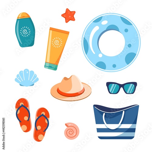 Set of beach accessories isolated on white background. Summer vacation concept. Vector illustration of sunscreen cream, flip flops, beach hat, sunglasses, swimming circle, tote bag.