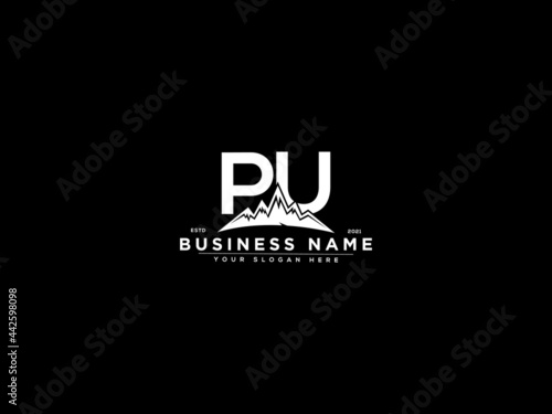 Letter PU Logo, mountain pu logo icon vector for river forest hill landscape silhouette image design