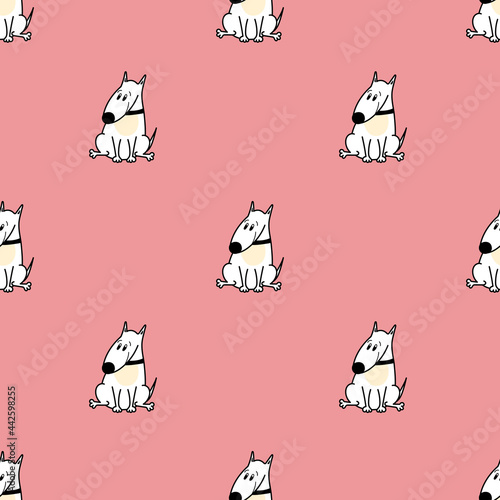 Vector pattern with cute bull terrier dogs in cartoon style on a pink background. Illustration for postcards, posters, clothes