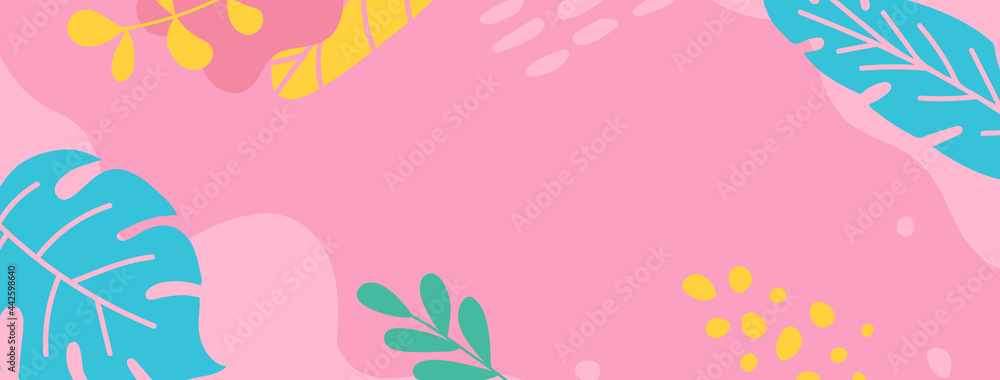 Summer long banner. Jungle pattern. Hello summer promotion design. Beach vacation background. Sale voucher. Party poster. Social media flyer. Holiday relax card. Palm tree element. Vector illustration