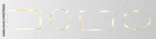 Gold glowing frames on transparent background. Golden border set. Shine luxury square, circle design elements. Wedding decor. Christmas line boarder. Magic effect template. Vector illustration