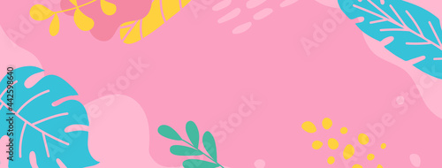 Summer long banner. Jungle pattern. Hello summer promotion design. Beach vacation background. Sale voucher. Party poster. Social media flyer. Holiday relax card. Palm tree element. Vector illustration