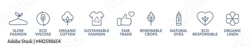 Sustainable clothes line icon set. Eco viscose product logo. Slow fashion badge. Organic cotton, natural dyes, renewable crop label. Fair trade. Conscious development. Vector illustration