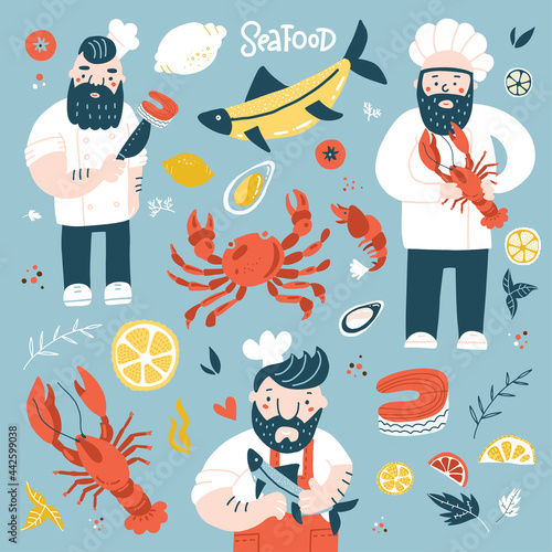 Cartoon chief cooks holding fried fish, lobster and salmon steak . Colorful illustration with seafood ingredients for your design. Flat hand drawn vector illustration.