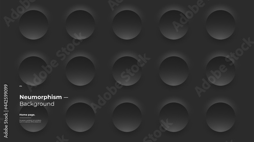 Abstract Background, Homepage, Landing page, Wallpaper Designs. Monochrome dark illustration. 3d geometric shapes. Decorative neumorphism backdrop.