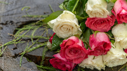 Bouquet of roses  white and pink  placed on a large tree stump near the lake  on a rainy day  close up