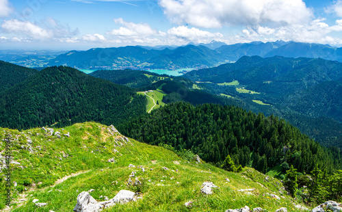 Wanderung zum Fockenstein zwischen Tegernsee und Lenggries in den bayrischen Alpen - Panoramablick von oben zum Tagernsee photo