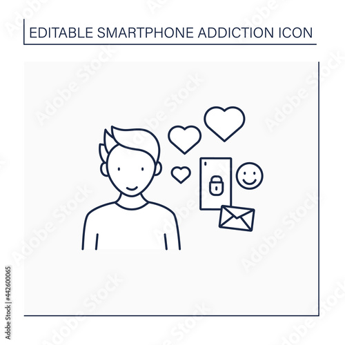 Virtual relationship line icon. Online love story. Pen pal relationships.Couple only in messengers. Smartphone addiction concept. Isolated vector illustration. Editable stroke