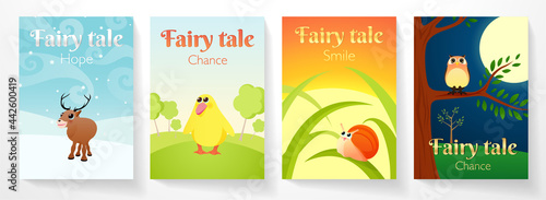 Cover for fairy tale book. Illustration with funny animals: elk on snow, duckling in meadow, little snail on blade of grass, owl in night forest. Cartoon pictures for kids, children, baby