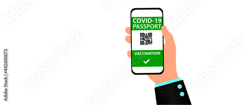 Digital health passport application on smart phone.
He shows his immunity against the vaccine on his smartphone screen. corona virus vaccination concept. Vaccine passport application for safe journeys