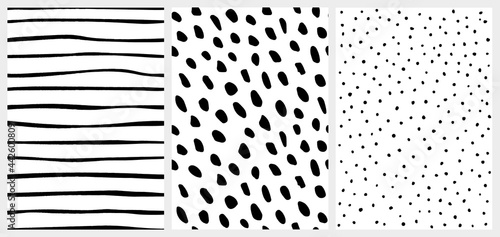 Set of Seamless Vector Patterns. Black and White. Scandinavian Style Hand Drawn Textures. Abstract Backgrounds Ideal for Textile, Fabric Prints, Wrapping Paper, Backdrop, Wallpaper.