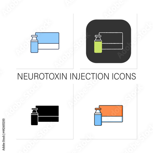 Cosmetic injection icons set. Full medicine vial. Vaccination. Medications.Mesotherapy. Cosmetic procedure concept.Collection of icons in linear, filled, color styles.Isolated vector illustrations