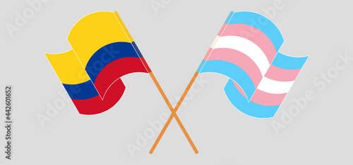 Crossed and waving flags of Colombia and Transgender Pride