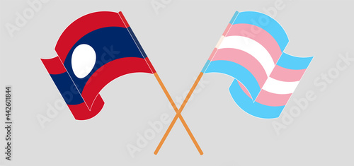 Crossed and waving flags of Laos and Transgender Pride