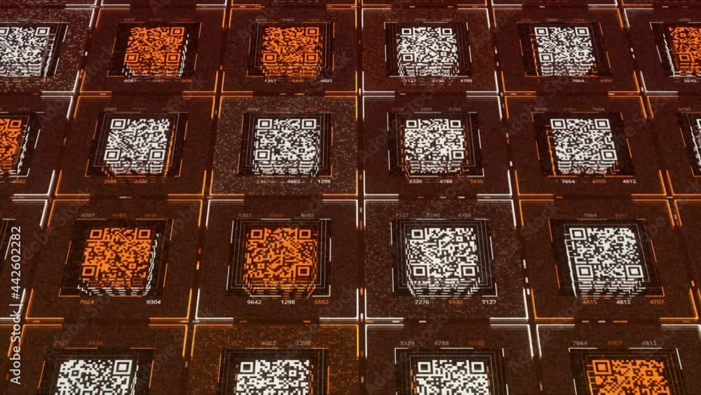 Rows of square shaped QR codes with moving electrical impulses on ...