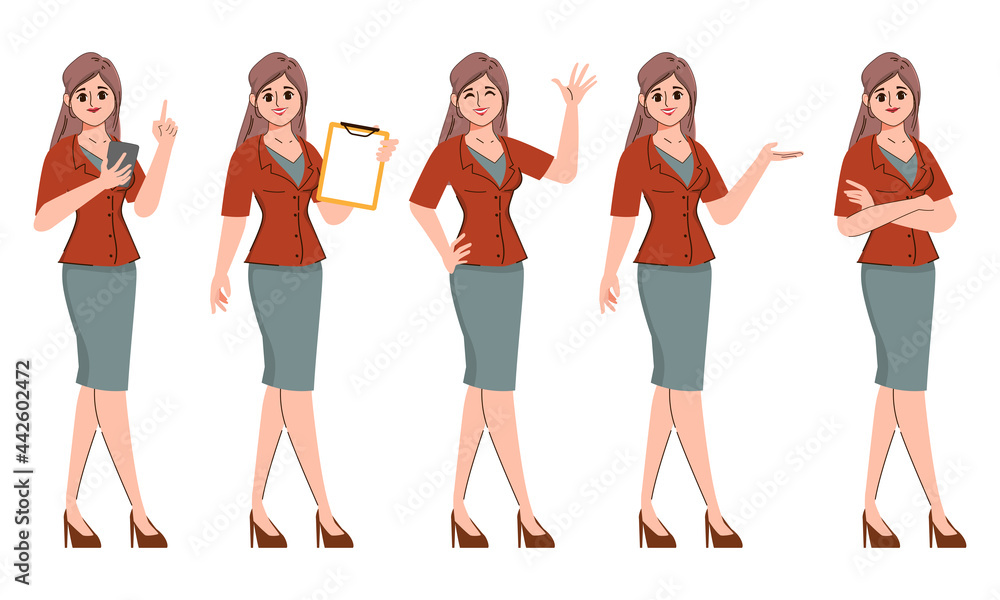 Businesswoman pose set in job occupation office character.