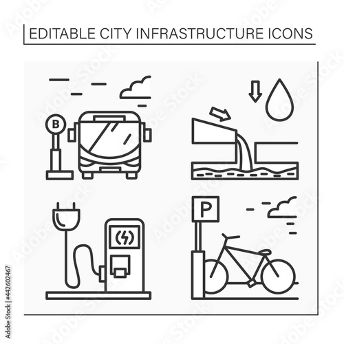 City infrastructure line icons set. Bicycle parking, charging station, bus stop, drainage. Industrialization Isolated vector illustrations. Editable stroke