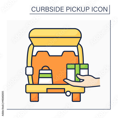 Curbside pickup color icon.Delivery parcel into car trunk. Pick up orders from supermarkets, stores. Contact-free delivery concept. Isolated vector illustration