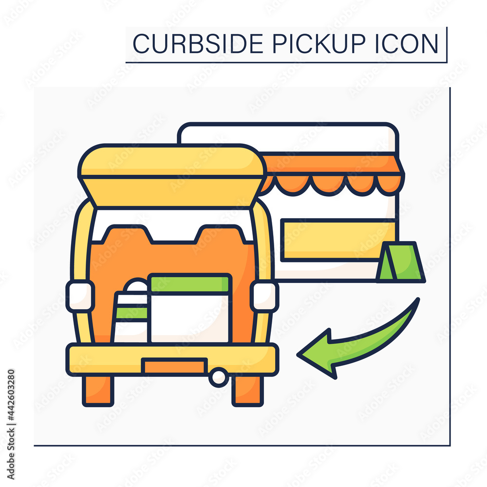 Curbside pickup color icon.Shipping box into vehicle trunk. Order and delivery. Contact-free delivery concept. Isolated vector illustration Curbside pickup color icon.Shipping box into vehicle trunk. Order and delivery. Contact-free delivery concept. Isolated vector illustration