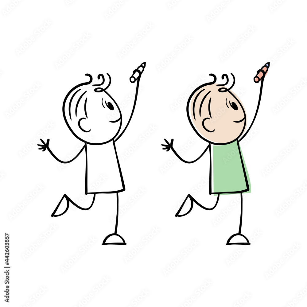 Cartoon stick man drawing conceptual illustration of smiling man holding pencil ready to draw or write something. Colorless and color stick figure with pencil trying to write something and thinking. Cartoon stick man drawing conceptual illustration of smiling man holding pencil ready to draw or write something. Colorless and color stick figure with pencil trying to write something and thinking.